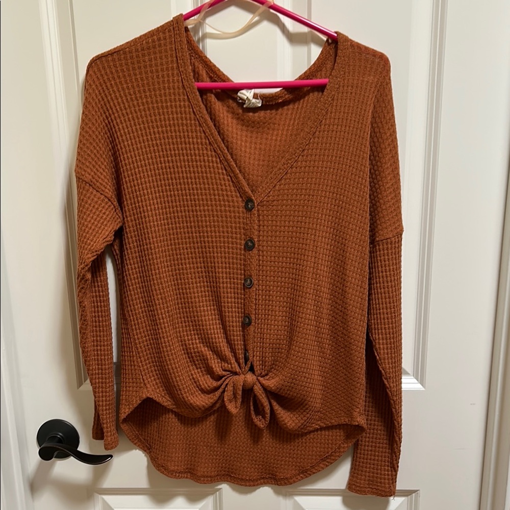 Brown Ribbed Long Sleeve Button Down Shirt